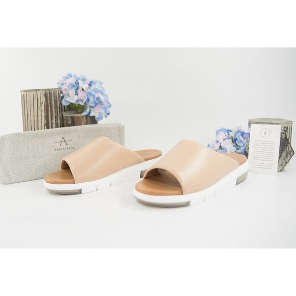 Aquatalia Sharla Cappucino Nappa Leather Open Toe Loafer Mule Flats Size 9.5 NIB - Picture 3 of 8